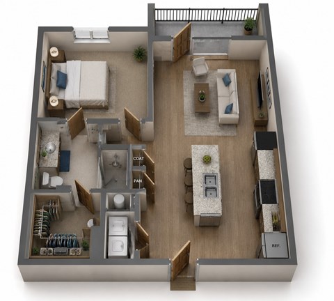 Floor plan for 1 bed, 1 bath, 672 sqft